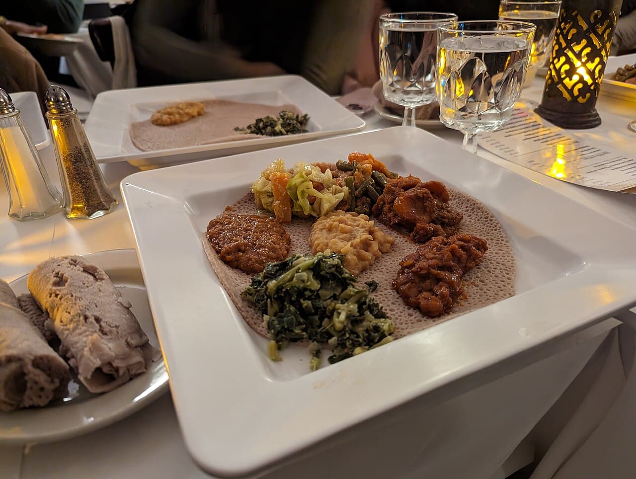 Ethiopian restaurant dinner with injera and wots